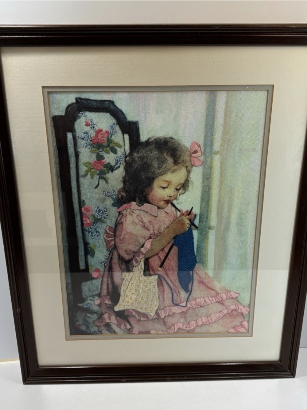 Vtg “Alice Knitting” Crewel Embroidery Framed Jessie Wilcox Smith Art 22x17”